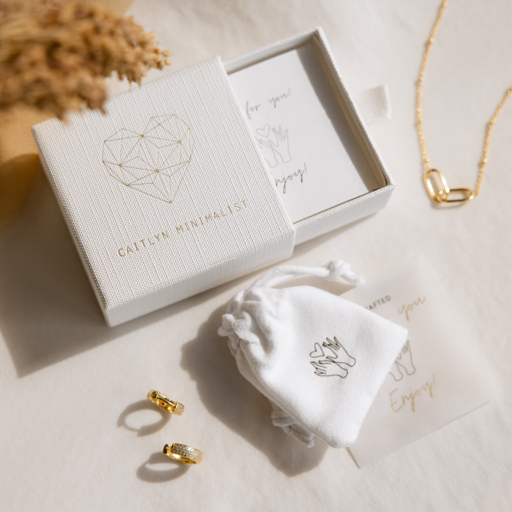 Minimalist jewelry gift set featuring the Dark Amethyst Signet Ring, gold necklace, gift box, pouch, and thank you card on a light background—perfect for elegant gifting.