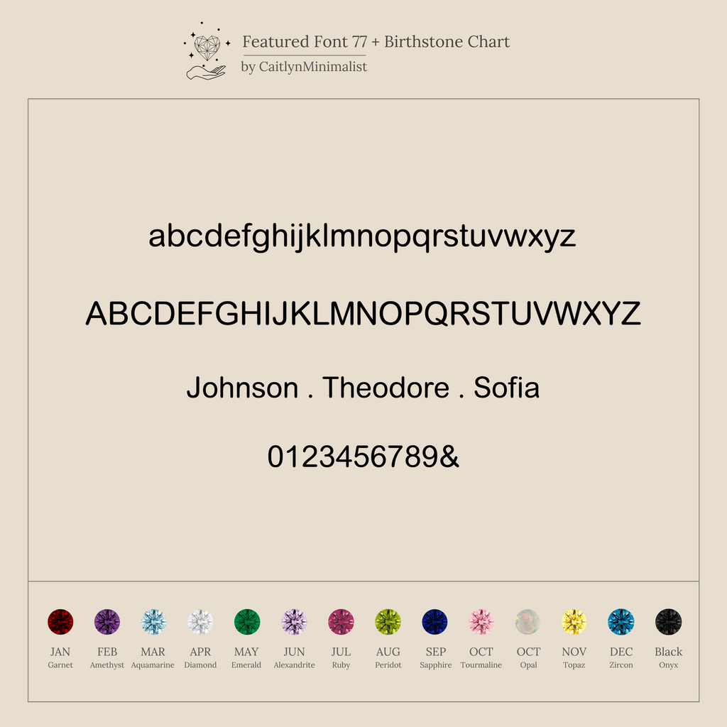 The Alice Letter Birthstone Necklace features a dainty sans-serif font with uppercase, lowercase, and numbers—ideal for personalized gifts. Includes birthstones by month, making it a perfect necklace for mom or someone special.