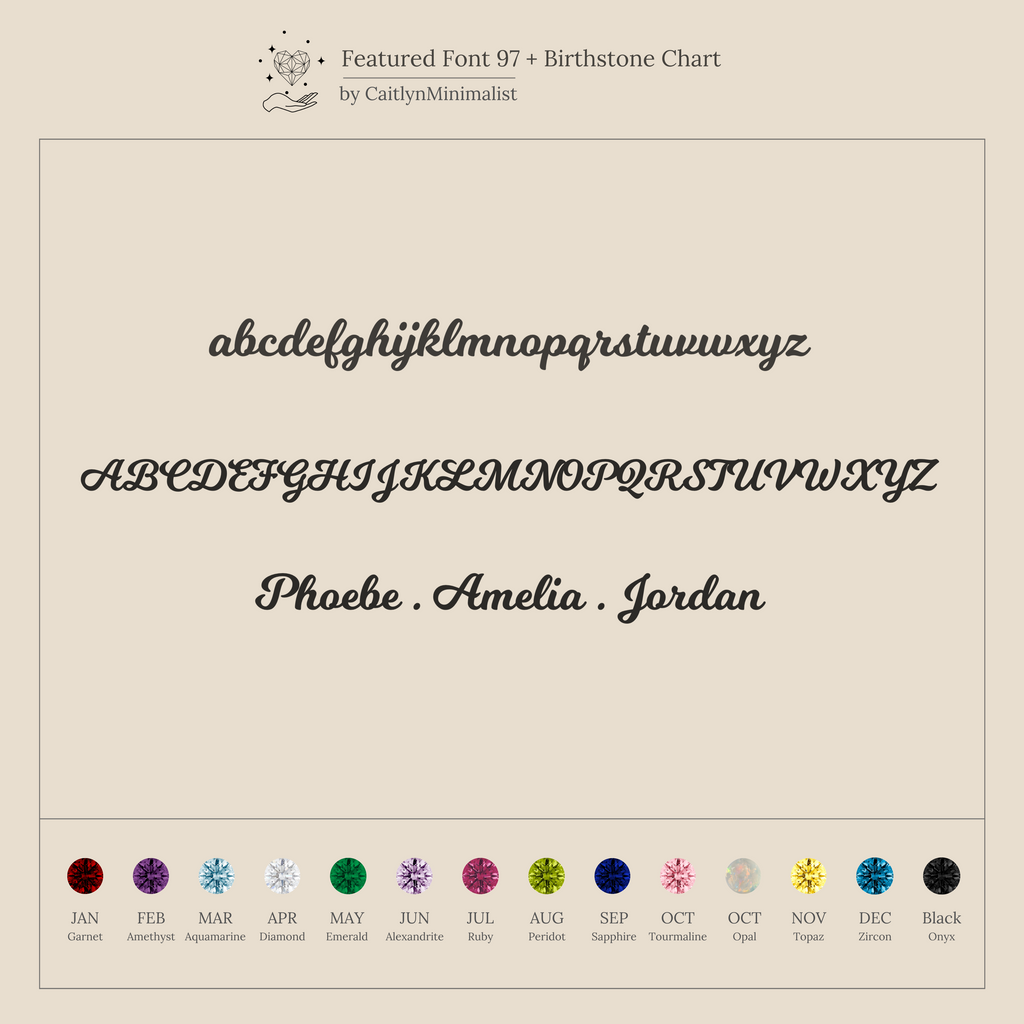 Font chart featuring cursive alphabet, sample names, and colored birthstone icons for each month—ideal for selecting your Mellow Birthstone Name Necklace or other minimalist jewelry pieces.