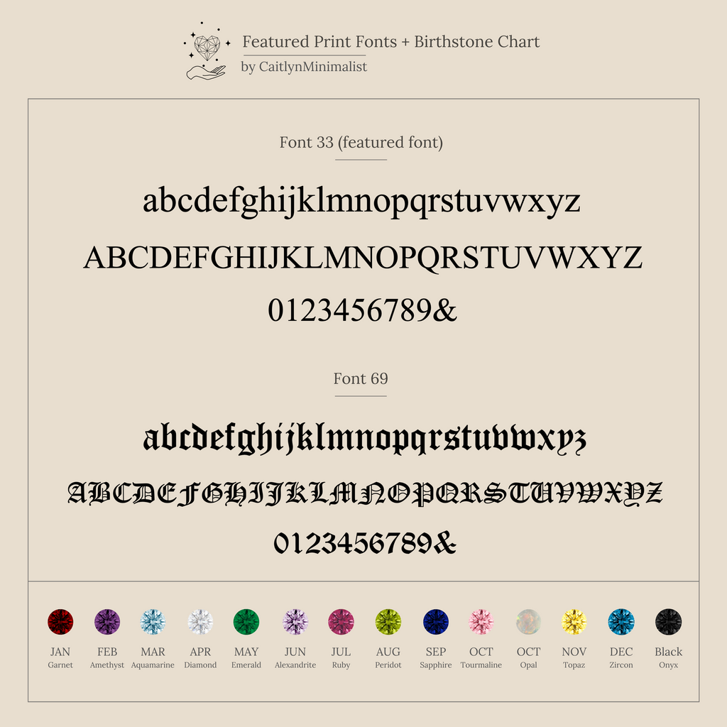 See sample fonts—uppercase, lowercase, and numbers—shown above a vibrant birthstone chart. The perfect guide for personalizing your Newsletter Oval Tag Necklace or selecting an ideal birthstone for each month.