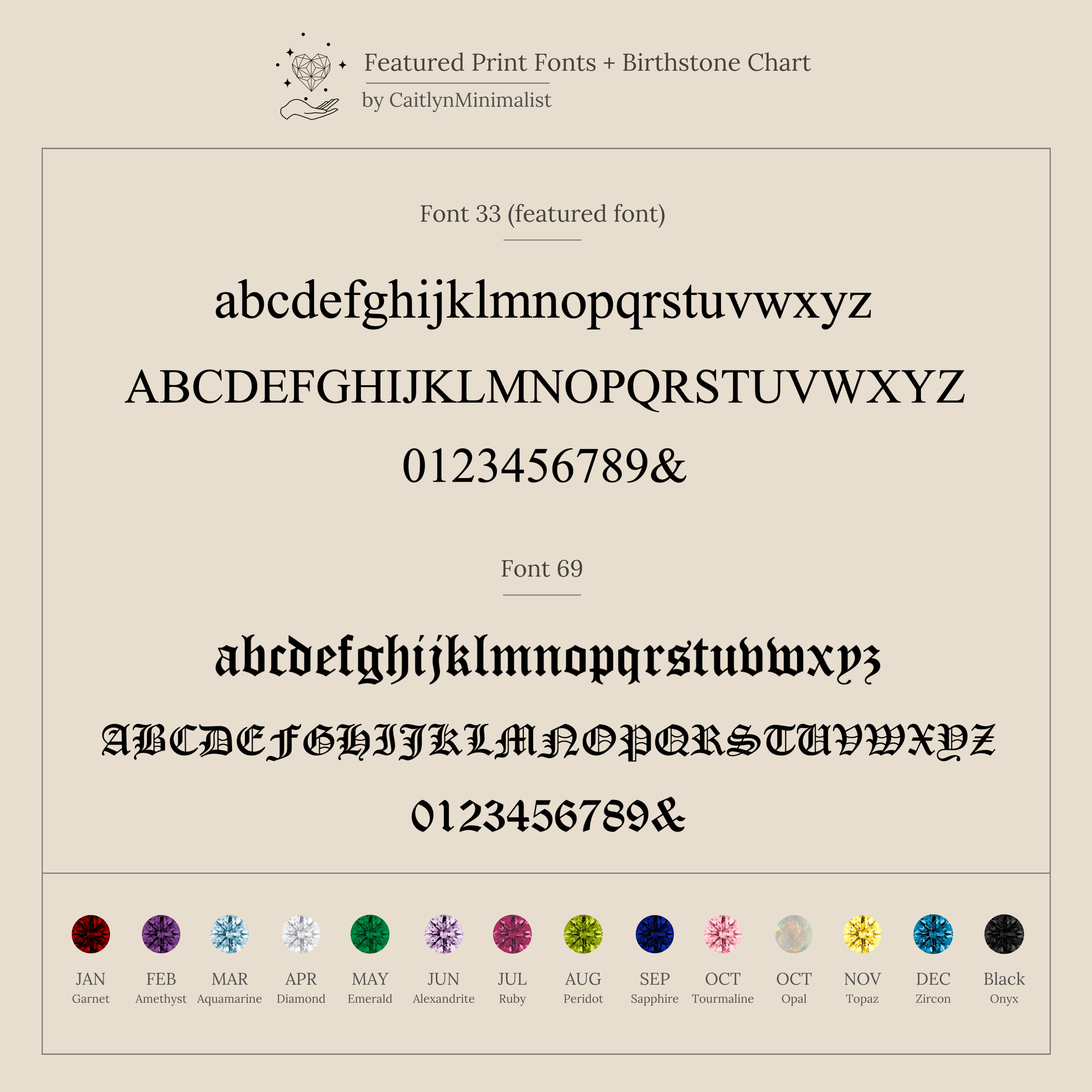 See sample fonts—uppercase, lowercase, and numbers—shown above a vibrant birthstone chart. The perfect guide for personalizing your Newsletter Oval Tag Necklace or selecting an ideal birthstone for each month.