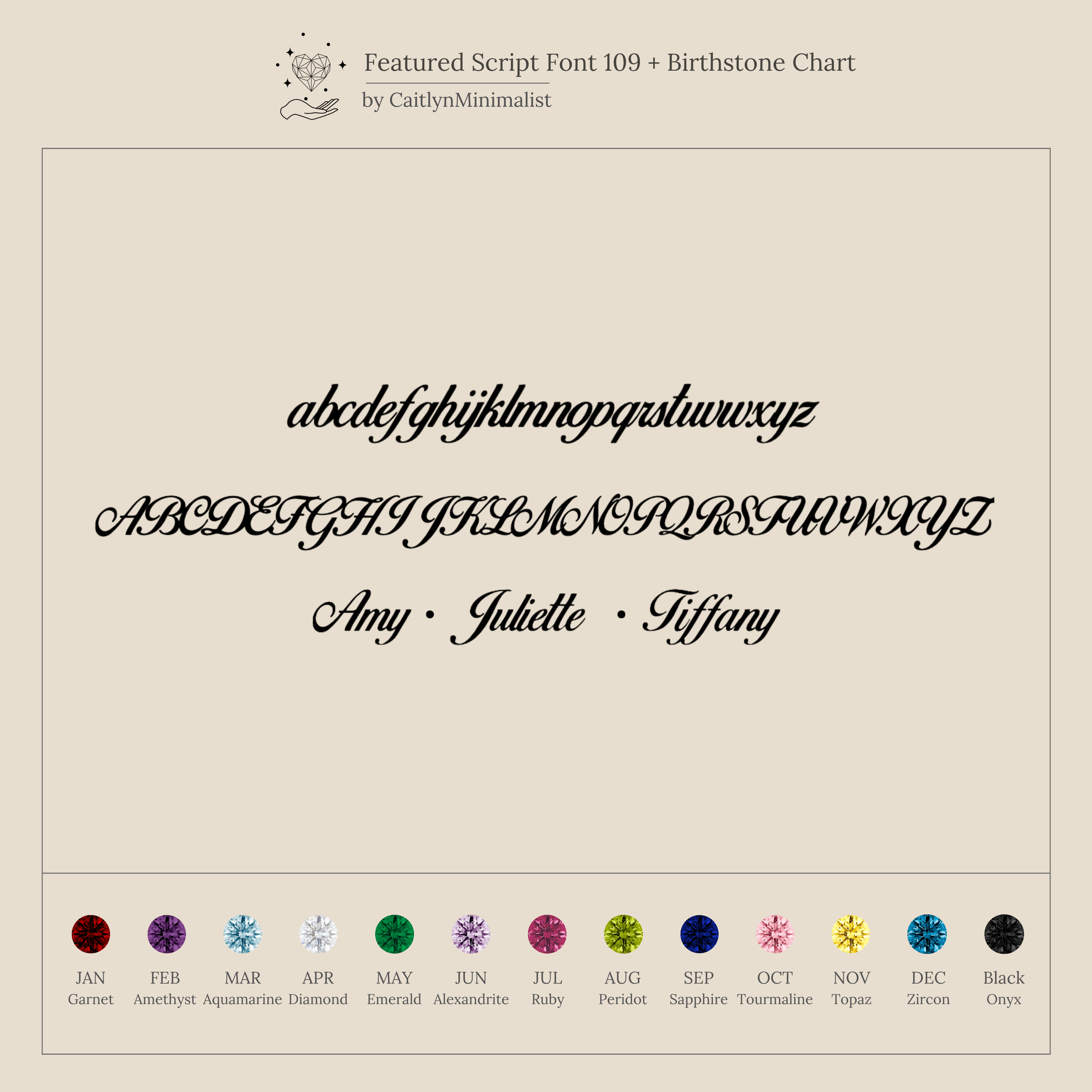 The Cream chart features a script font alphabet, names, and 12 gemstone icons—ideal for designing your own Elegant Birthstone Name Necklace or other personalized jewelry pieces.