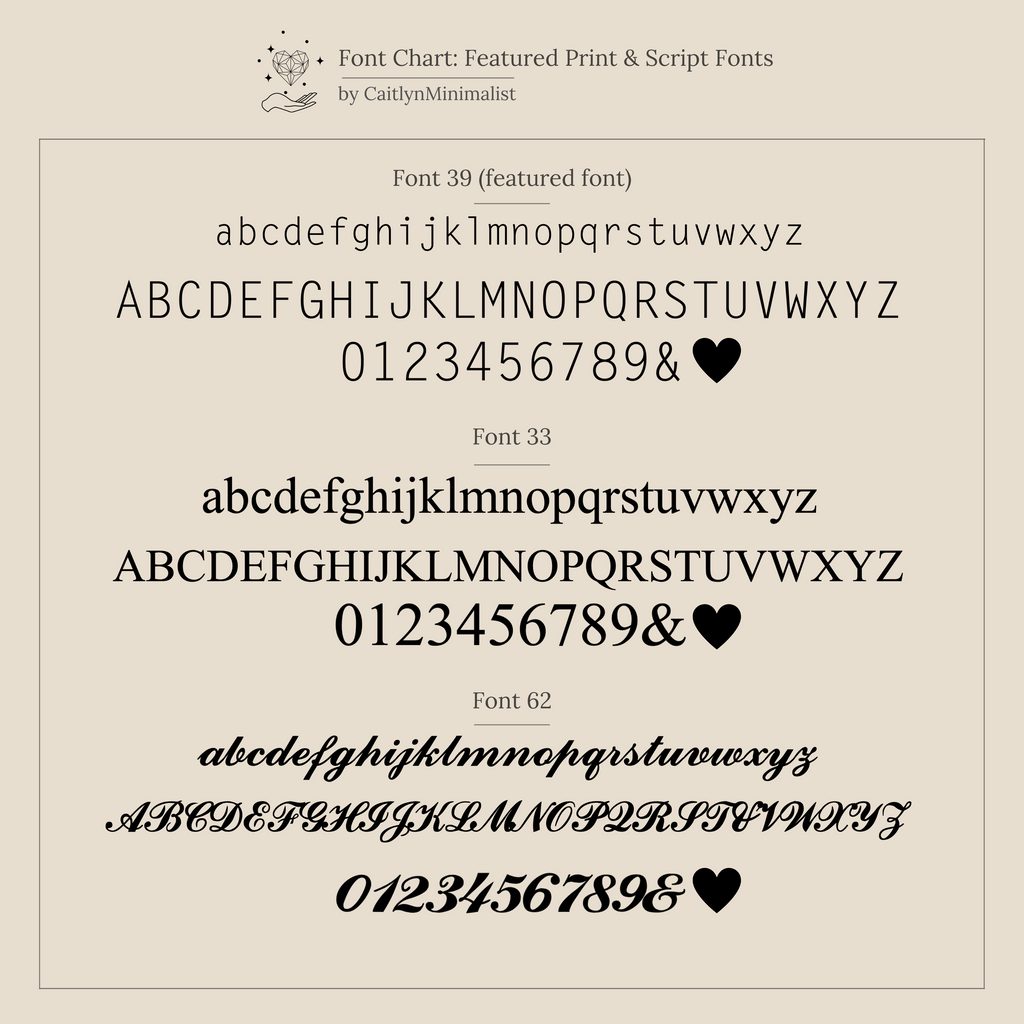 Font chart displaying three font styles for your Initial Padlock Paperclip Necklace, featuring uppercase, lowercase, numbers, ampersand, and heart symbols—perfect for personalizing your necklace.