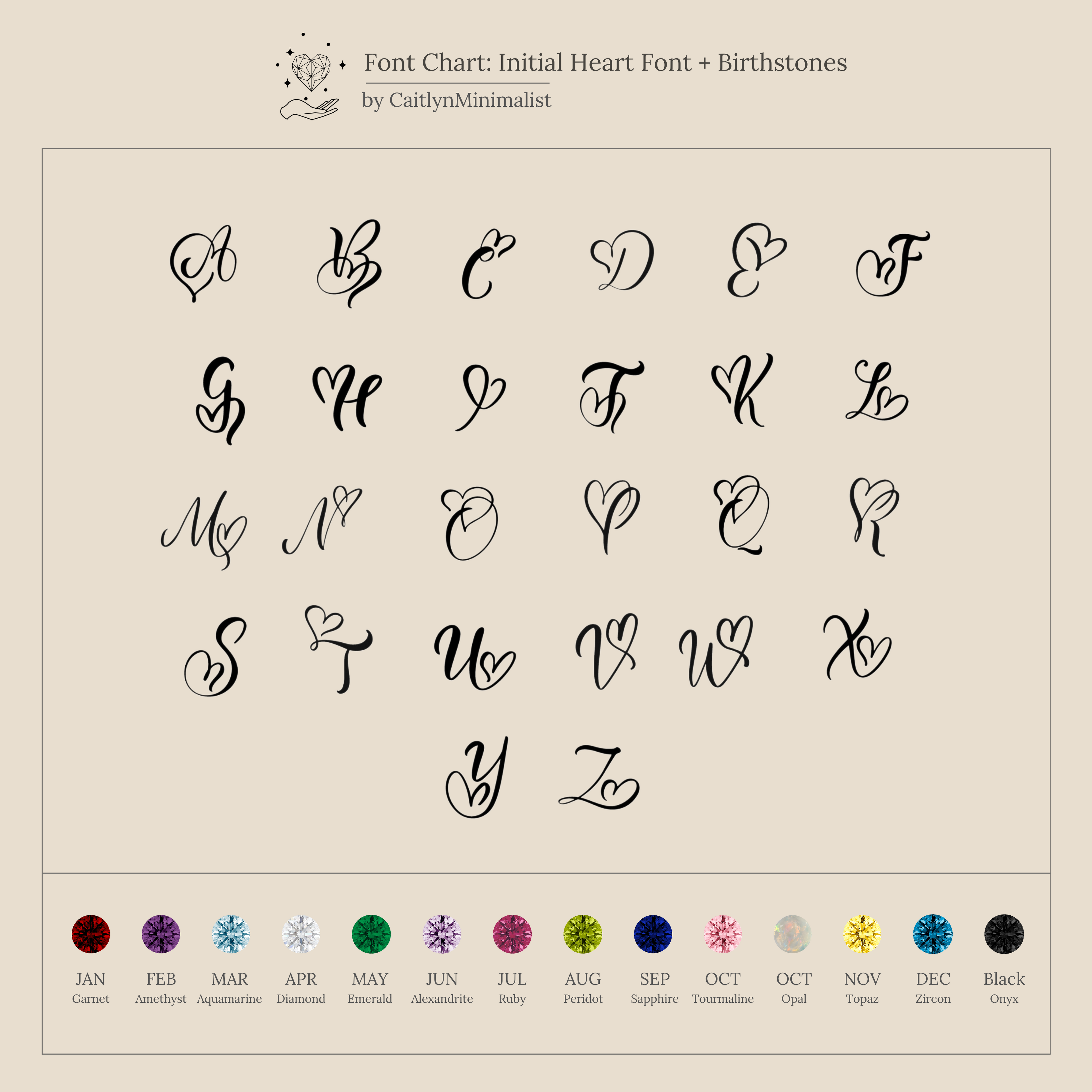 A chart displays cursive heart-shaped A-Z initials with matching monthly birthstones—ideal for creating your personalized Initial Heart Birthstone Necklace.