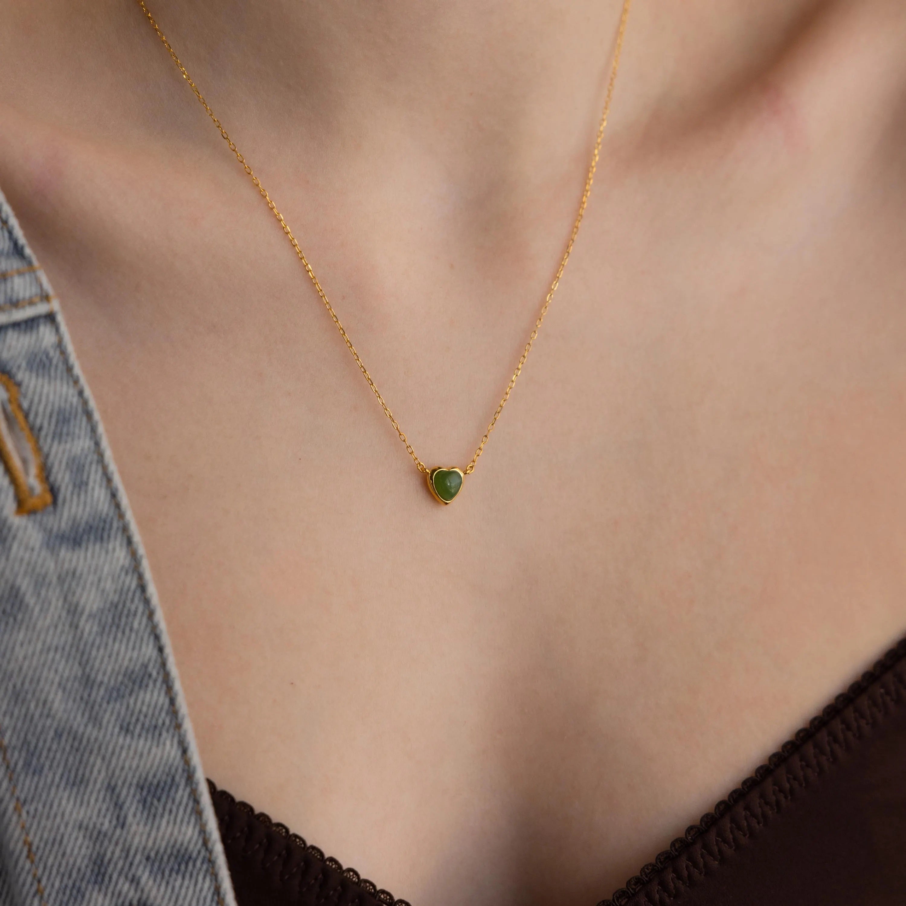 Jade Heart Charm Necklace-Necklaces-Caitlyn Minimalist
