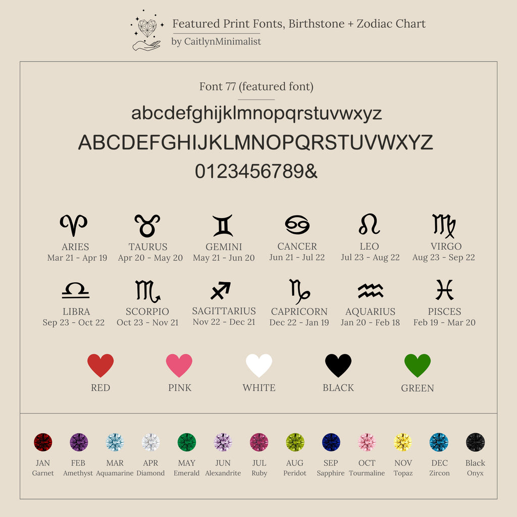 A beige chart shows fonts, zodiac signs with dates, colored hearts, and birthstones—perfect for customizing the Dainty Space Charm Necklace in Rose Gold or designing a unique birthstone necklace.