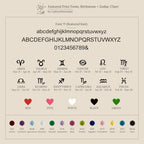 A beige chart shows fonts, zodiac signs with dates, colored hearts, and birthstones—perfect for customizing the Dainty Space Charm Necklace in Rose Gold or designing a unique birthstone necklace.