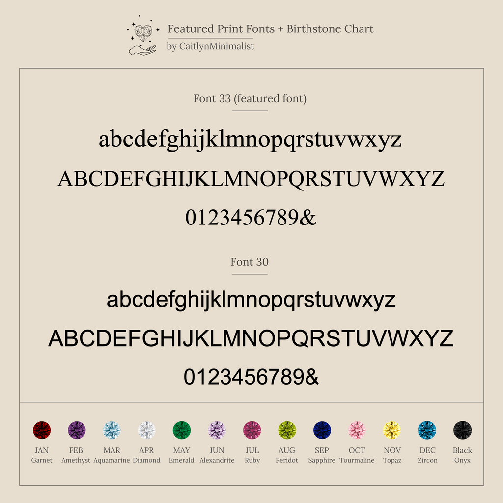Font chart showing two print fonts, Font 33 and Font 30, with birthstone icons and names—ideal for customizing your Initial Birthstone Charm Necklace with a personalized gemstone charm.