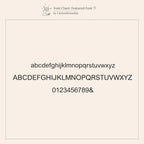 Neutral sans-serif font chart displays lowercase, uppercase, numbers, and ampersand on a beige background—perfect for customizing your Lariat Name Necklace or other personalized jewelry designs.
