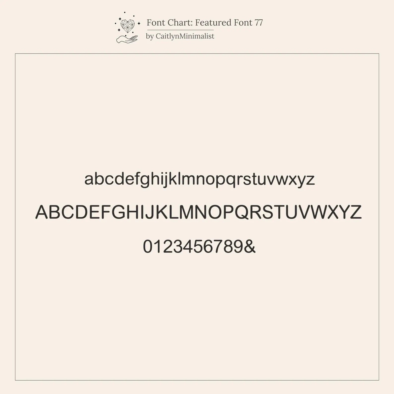 Neutral sans-serif font chart displays lowercase, uppercase, numbers, and ampersand on a beige background—perfect for customizing your Lariat Name Necklace or other personalized jewelry designs.