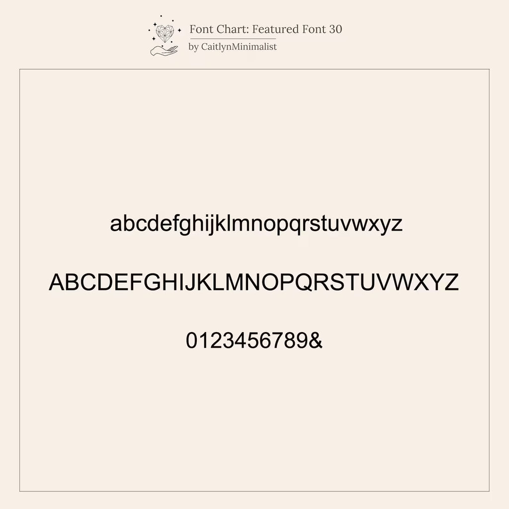 A minimalist font chart showcases uppercase and lowercase letters, numbers 0-9, and an ampersand—ideal for designing your Pave Initial Tag Necklace or other personalized jewelry.