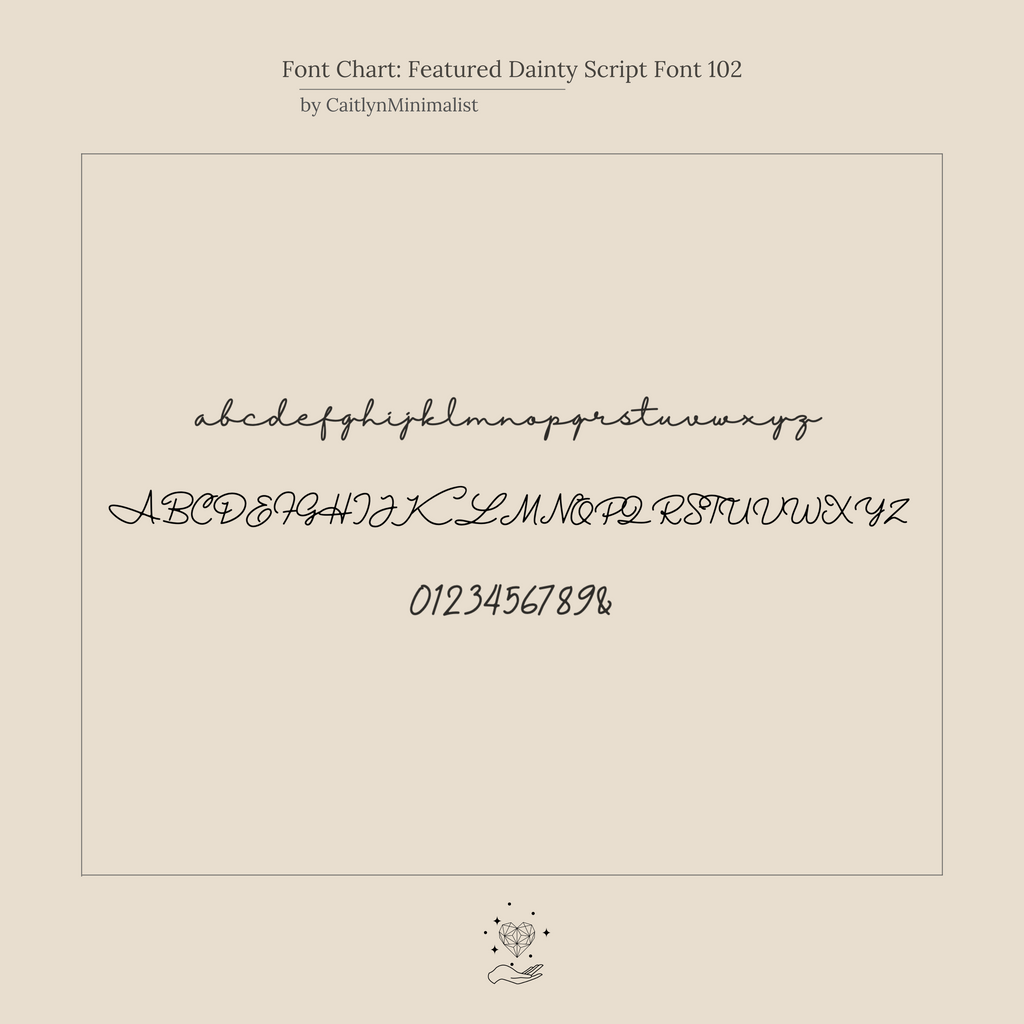 Sample of the Hallie Duo Initial Ring’s dainty script font, displaying uppercase, lowercase letters, and numbers on a beige background—perfect for personalized jewelry or an elegant gift for moms.