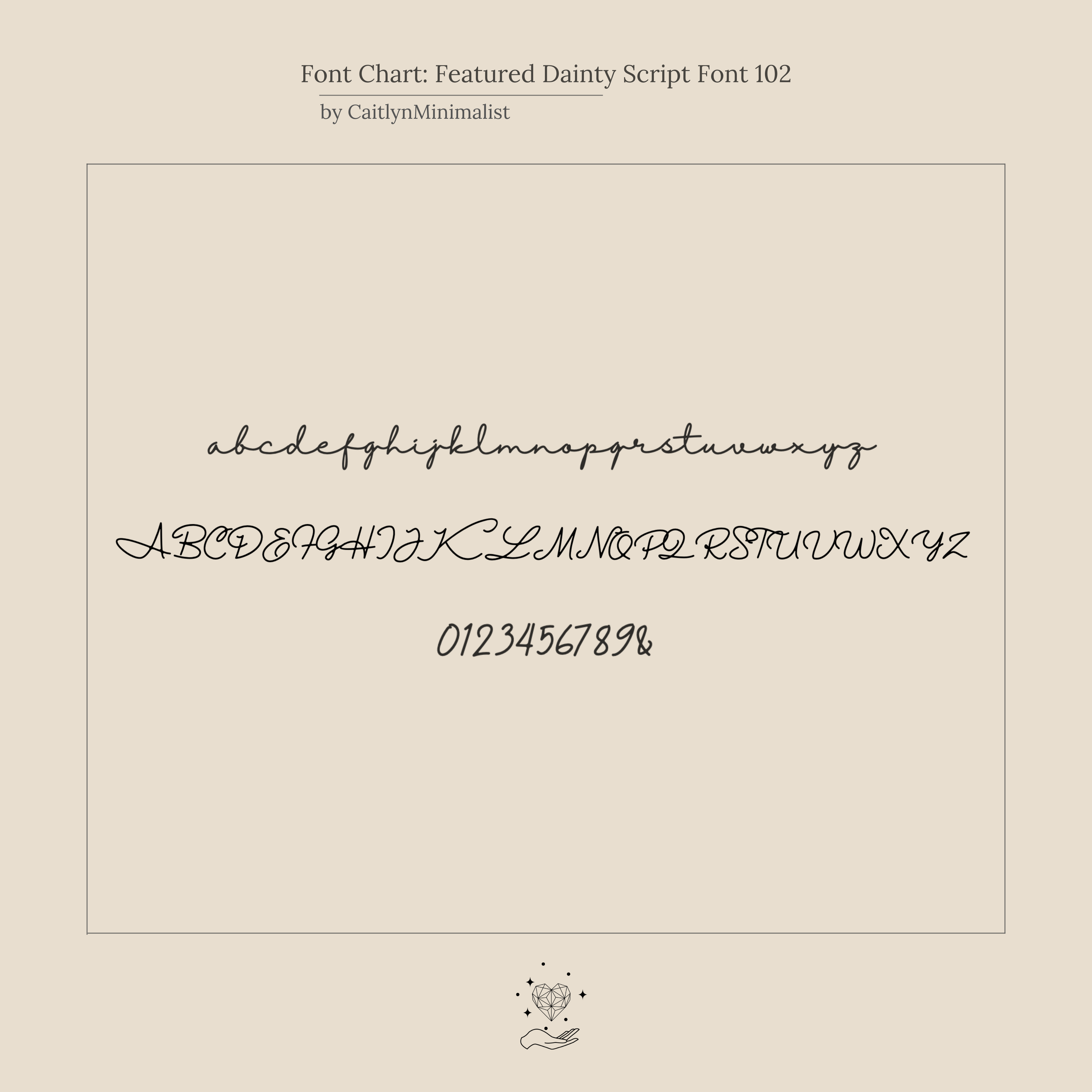 Sample of the Hallie Duo Initial Ring’s dainty script font, displaying uppercase, lowercase letters, and numbers on a beige background—perfect for personalized jewelry or an elegant gift for moms.