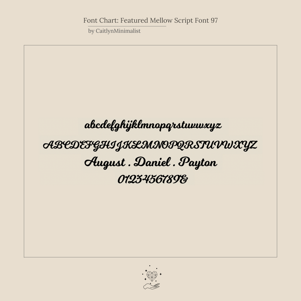 Font chart displaying Mellow Script Font 97 in lowercase, uppercase, names, numbers, and decorative designs—ideal for crafting a custom Mellow Dainty Initial Necklace as a unique accessory.