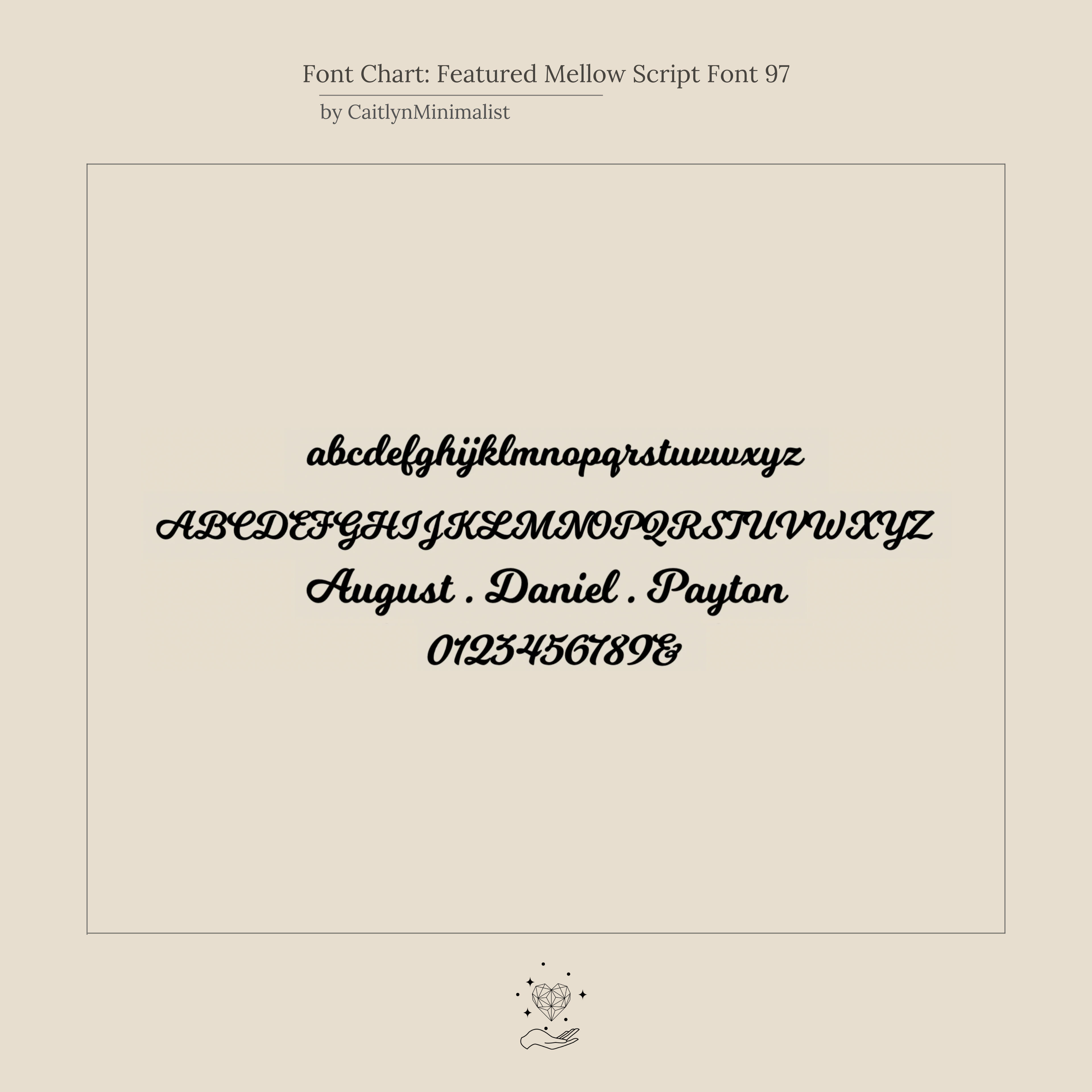 Font chart displaying Mellow Script Font 97 in lowercase, uppercase, names, numbers, and decorative designs—ideal for crafting a custom Mellow Dainty Initial Necklace as a unique accessory.