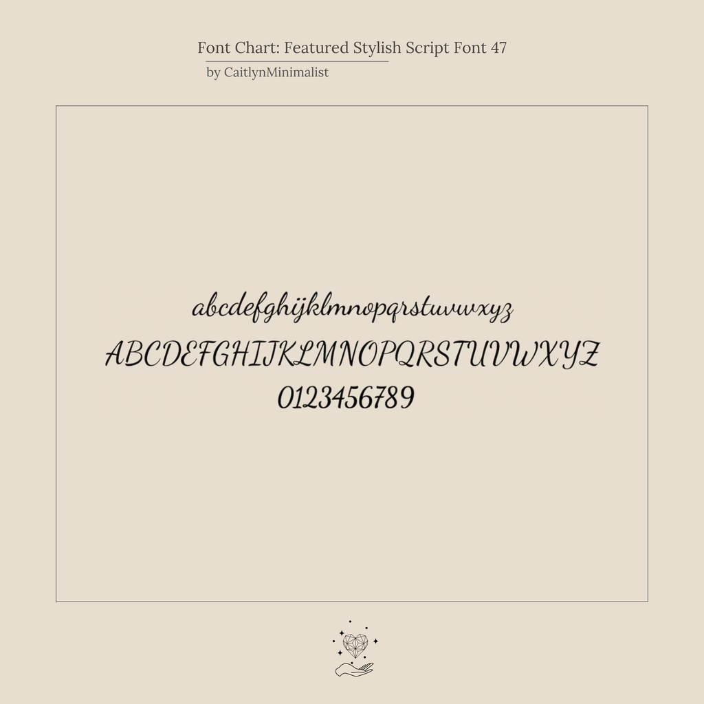 Handwritten script font chart with lowercase, uppercase letters, and numbers on a beige background—ideal for personalizing your Stylish Dainty Initial Necklace or creating a minimalist initial pendant.