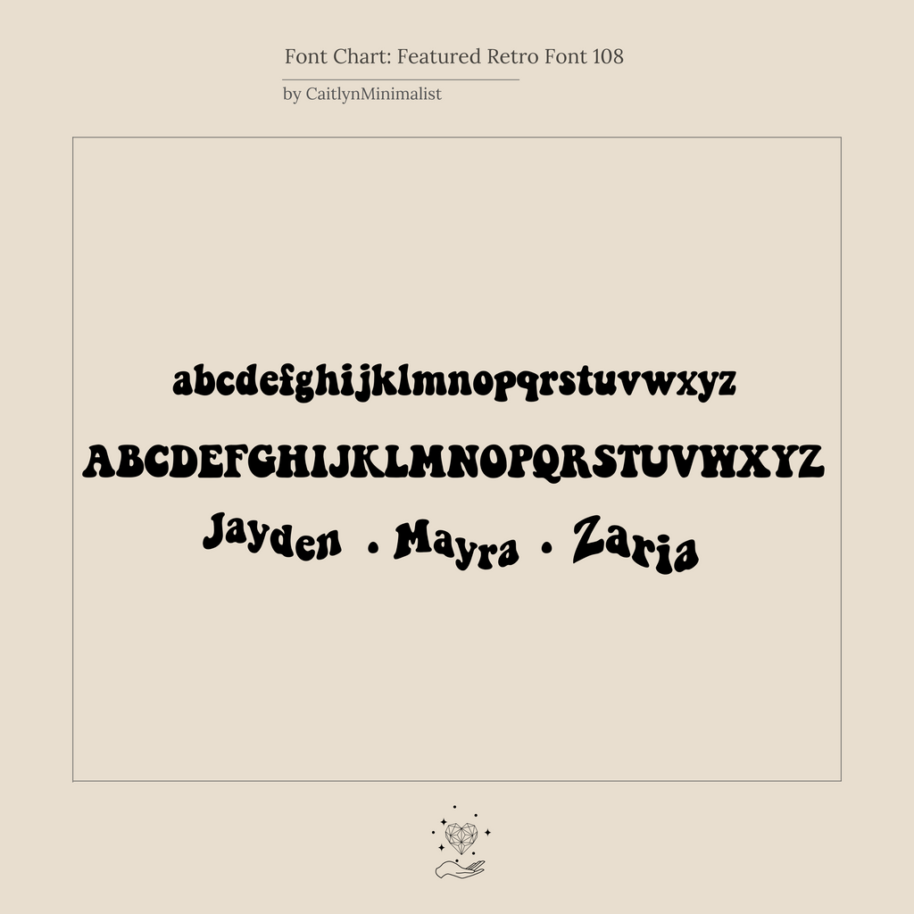 A font chart featuring upper and lowercase letters, plus the names Jayden, Mayra, and Zaria—ideal for designing a personalized Retro Name Necklace in Box Chain or custom charm necklace.