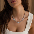 Model wearing a Silver North Star Trio Opal Curb Chain Necklace.