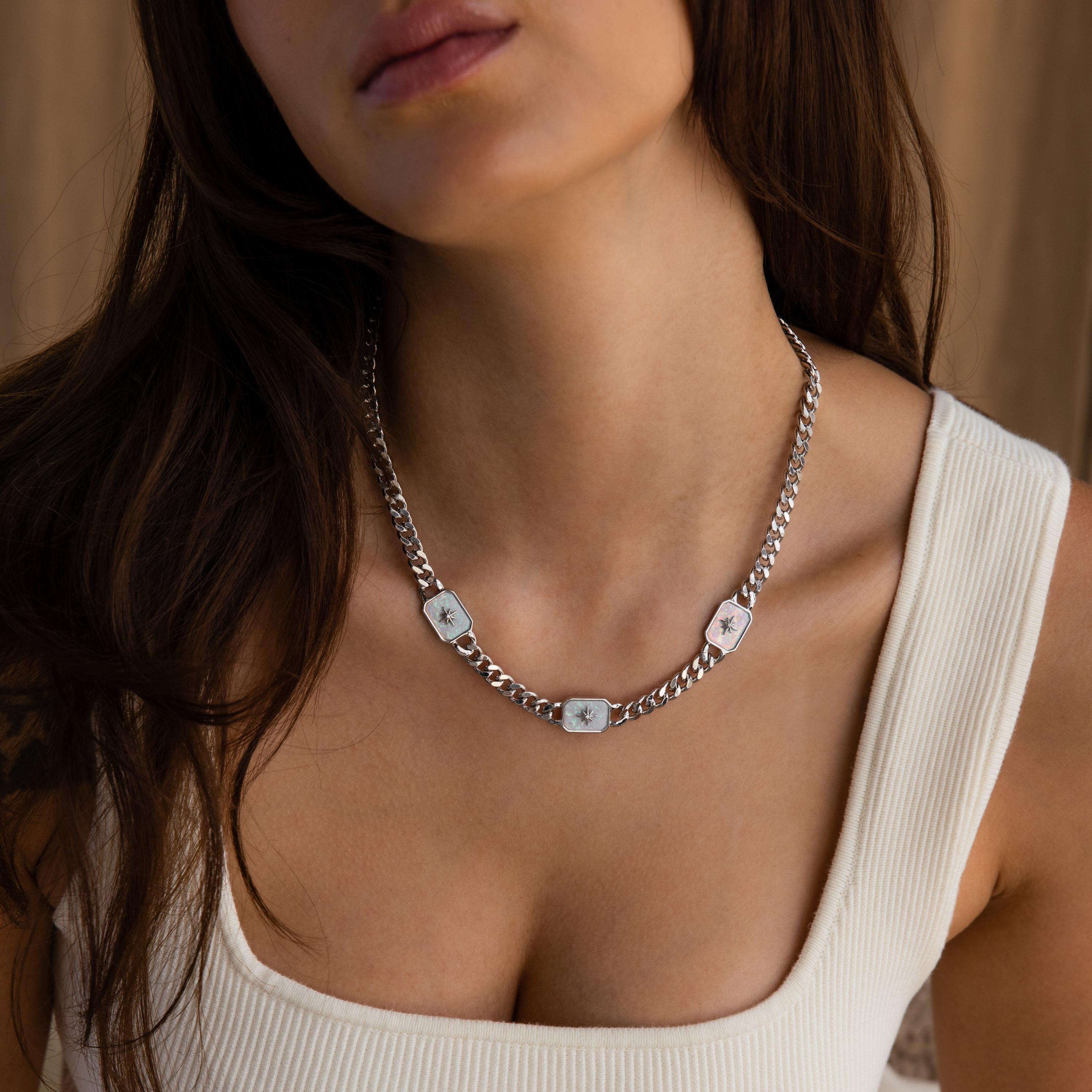 Model wearing a Silver North Star Trio Opal Curb Chain Necklace.