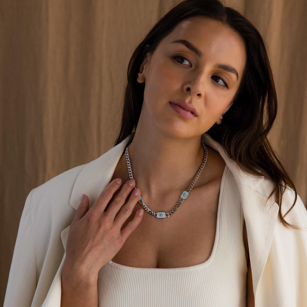 Model wearing a Silver North Star Trio Opal Curb Chain Necklace.