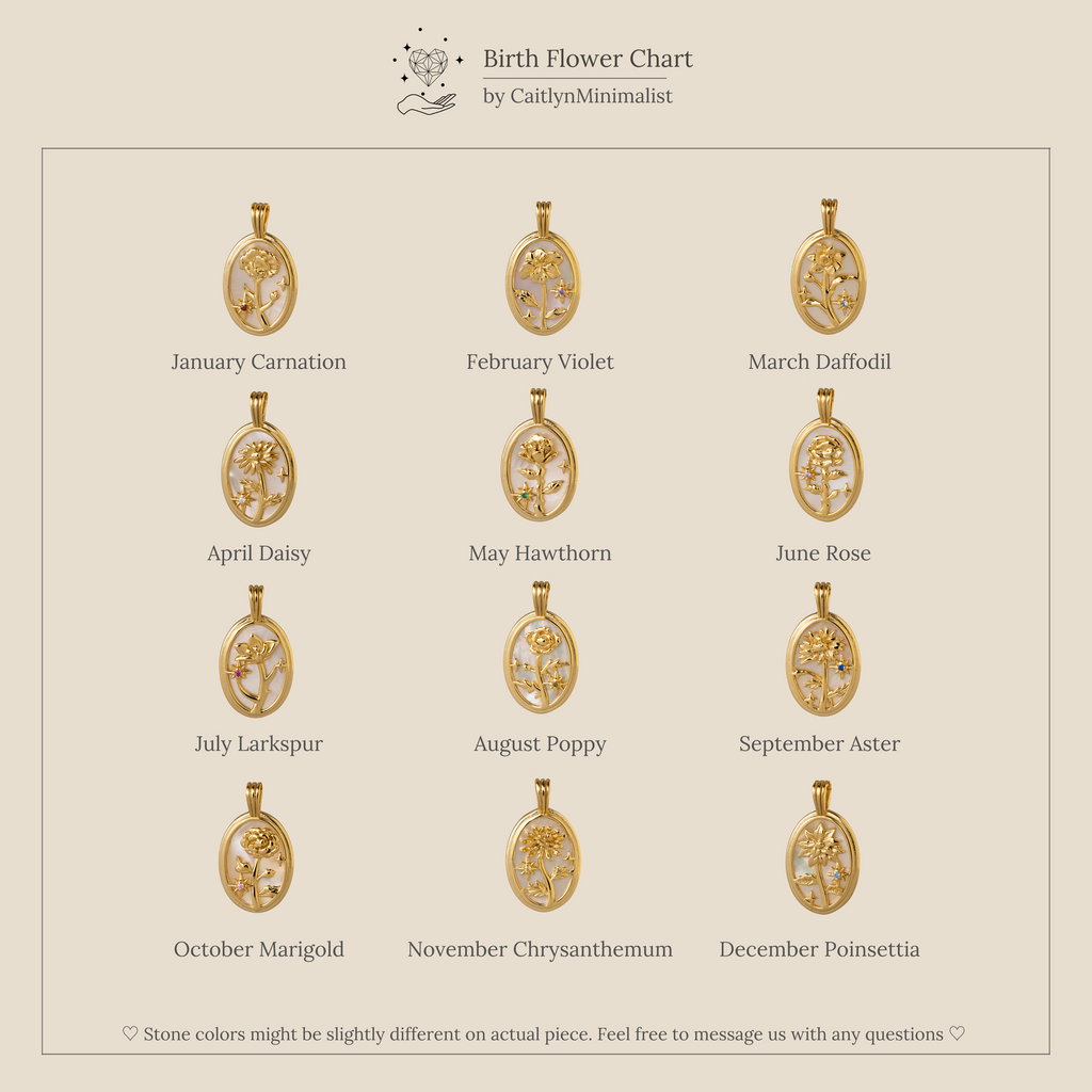 A chart displays twelve Pearl Flower Birthstone Necklaces, each crafted on 925 sterling silver with unique birth flower designs—Carnation, Violet, Daffodil, Daisy, and more—one for every month.
