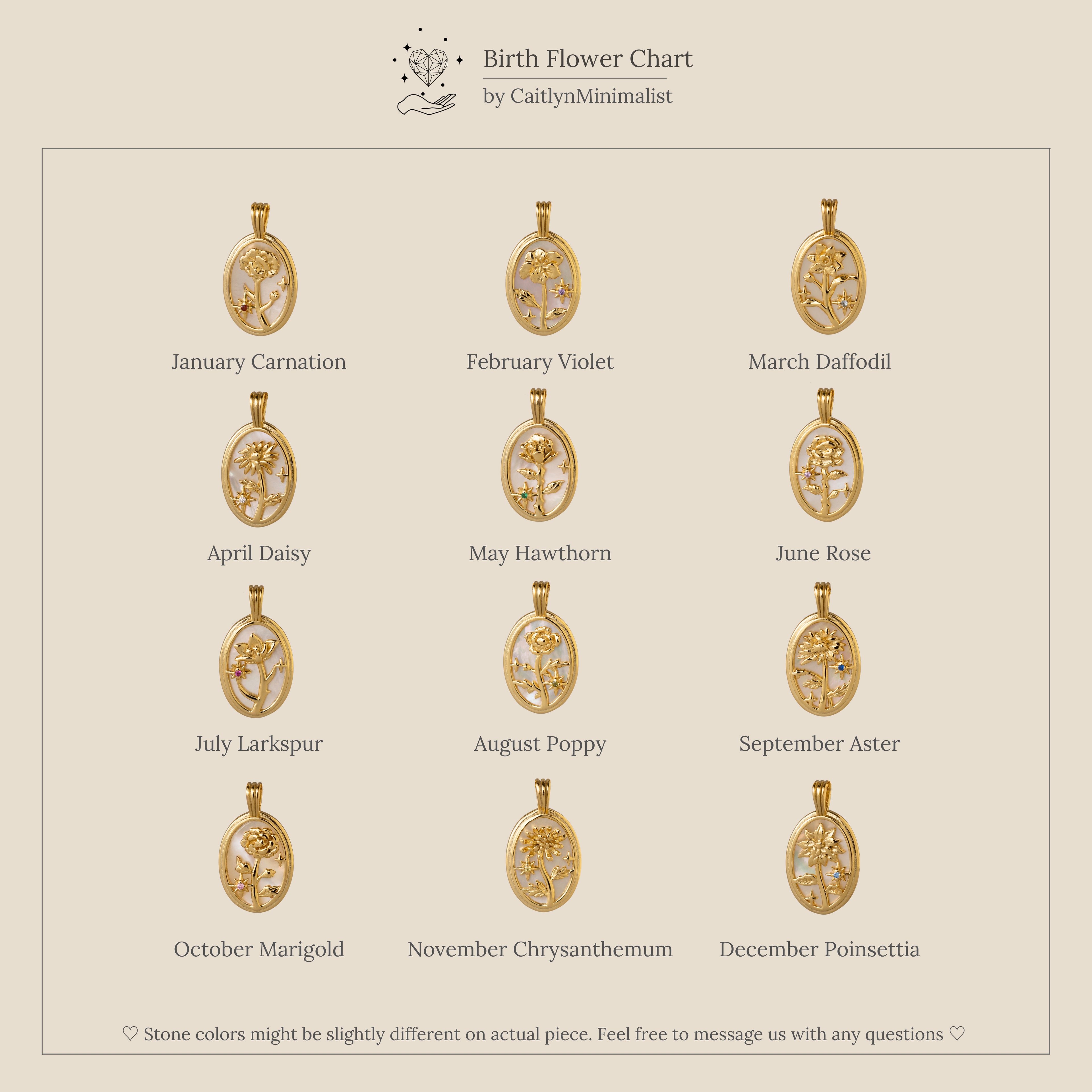 A chart displays twelve Pearl Flower Birthstone Necklaces, each crafted on 925 sterling silver with unique birth flower designs—Carnation, Violet, Daffodil, Daisy, and more—one for every month.