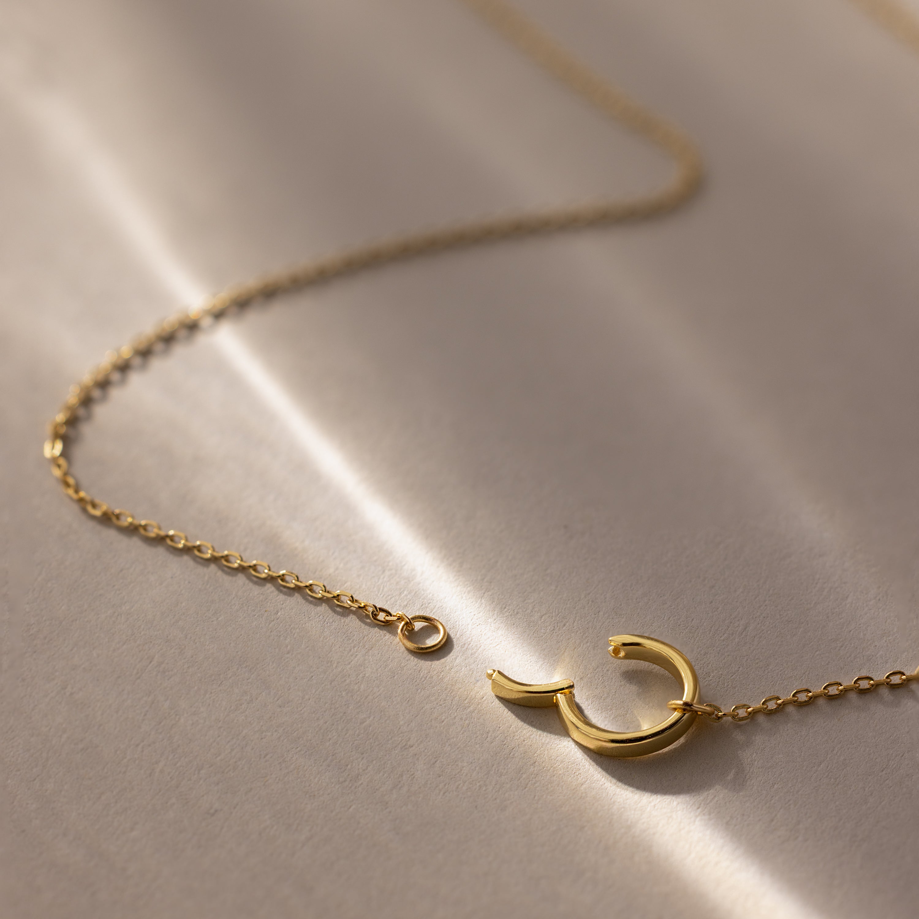 The Large Rolo Clasp Necklace features a crescent-shaped pendant and gold finish, displayed on a softly lit beige surface—a modern essential statement chain for any collection.