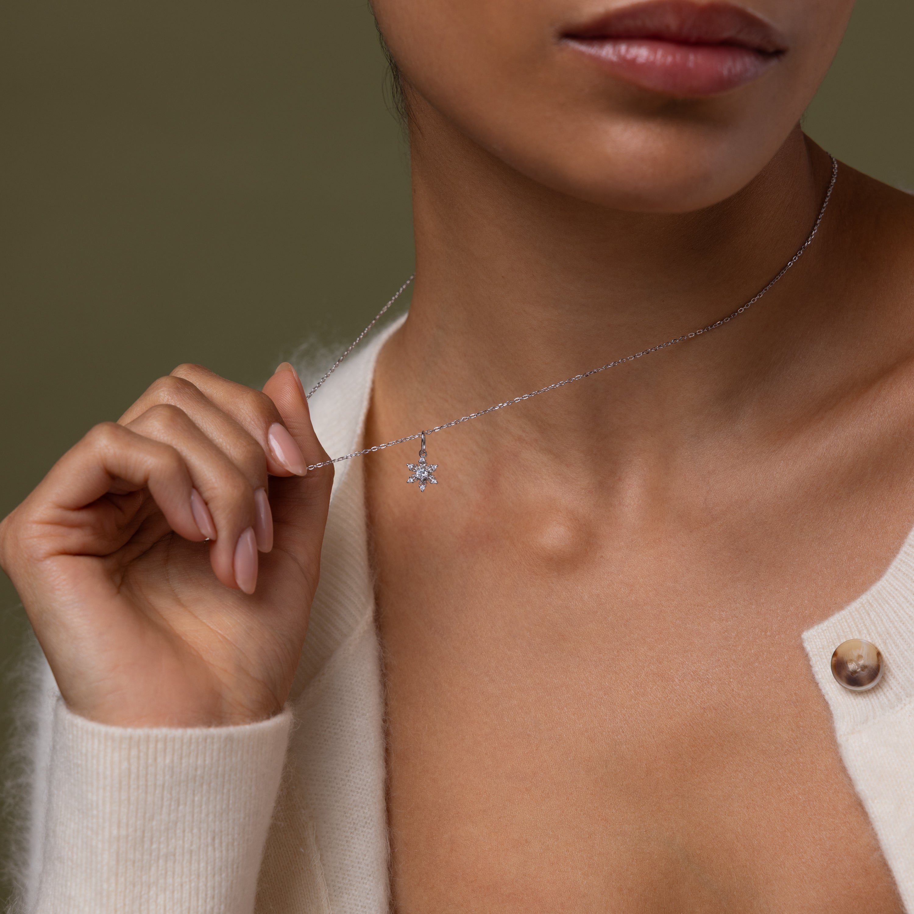 Model showcasing our Diamond Snowflake Necklace