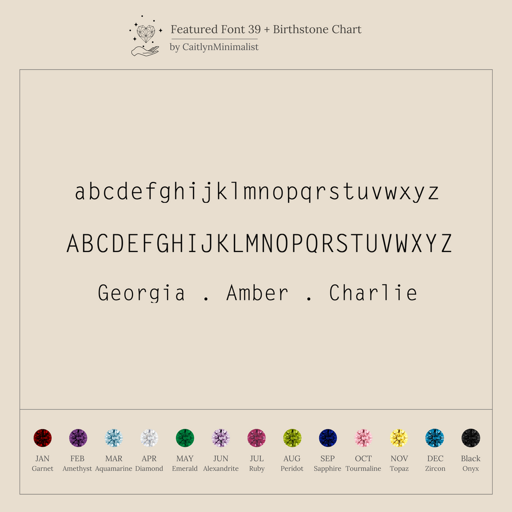 The Mini Name Birthstone Necklace features a minimalist font chart (lowercase, uppercase, names) and birthstones for each month—ideal for personalizing your own bar necklace or selecting a customized gift.