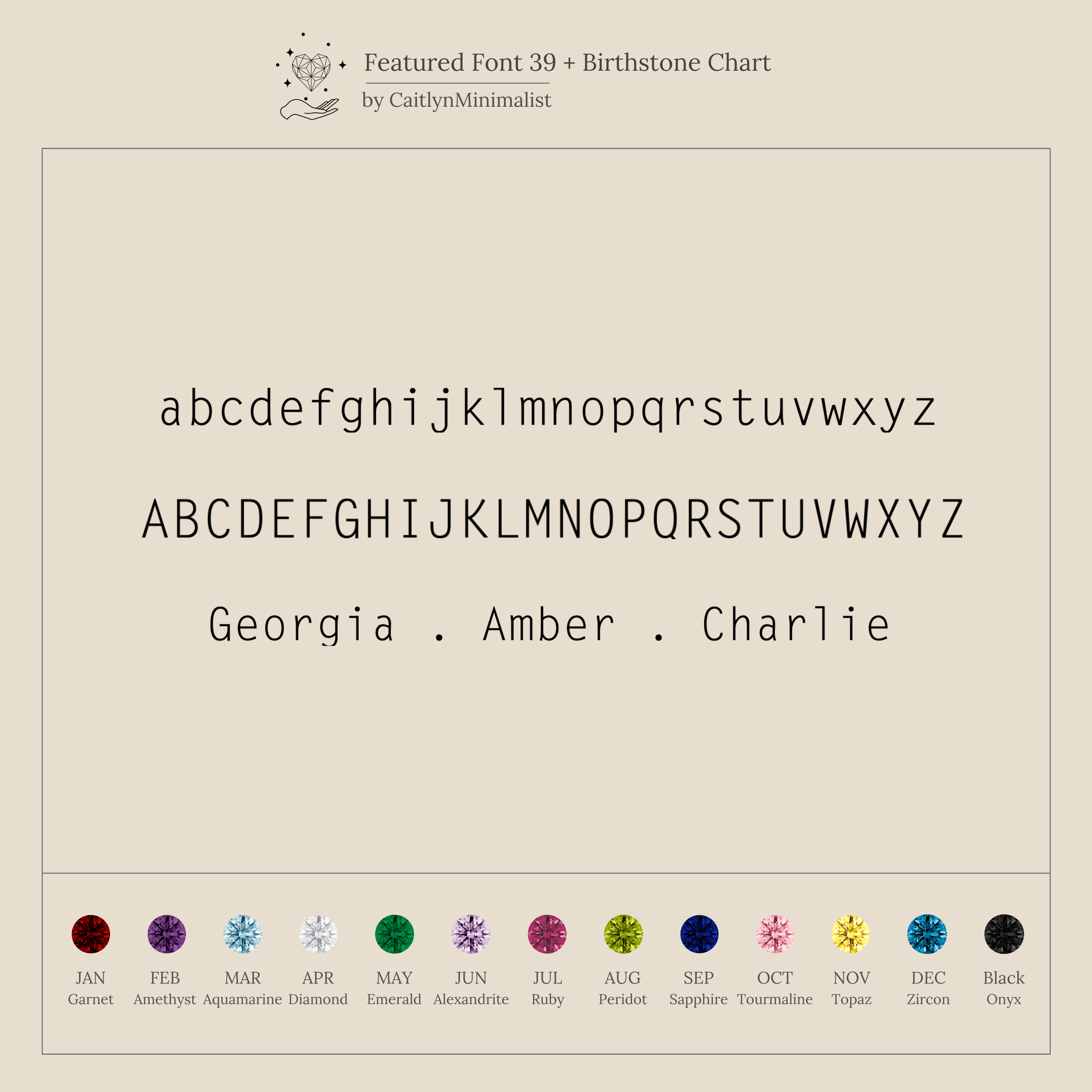 The Mini Name Birthstone Necklace features a minimalist font chart (lowercase, uppercase, names) and birthstones for each month—ideal for personalizing your own bar necklace or selecting a customized gift.