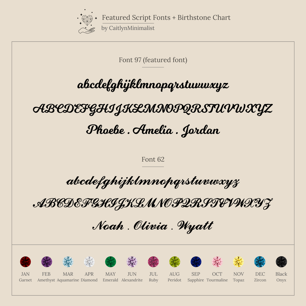 Chart displaying two cursive fonts with sample names, letters, and monthly gemstone icons—perfect for designing a Mellow Name Heart Birthstone Necklace in an elegant minimalist style.