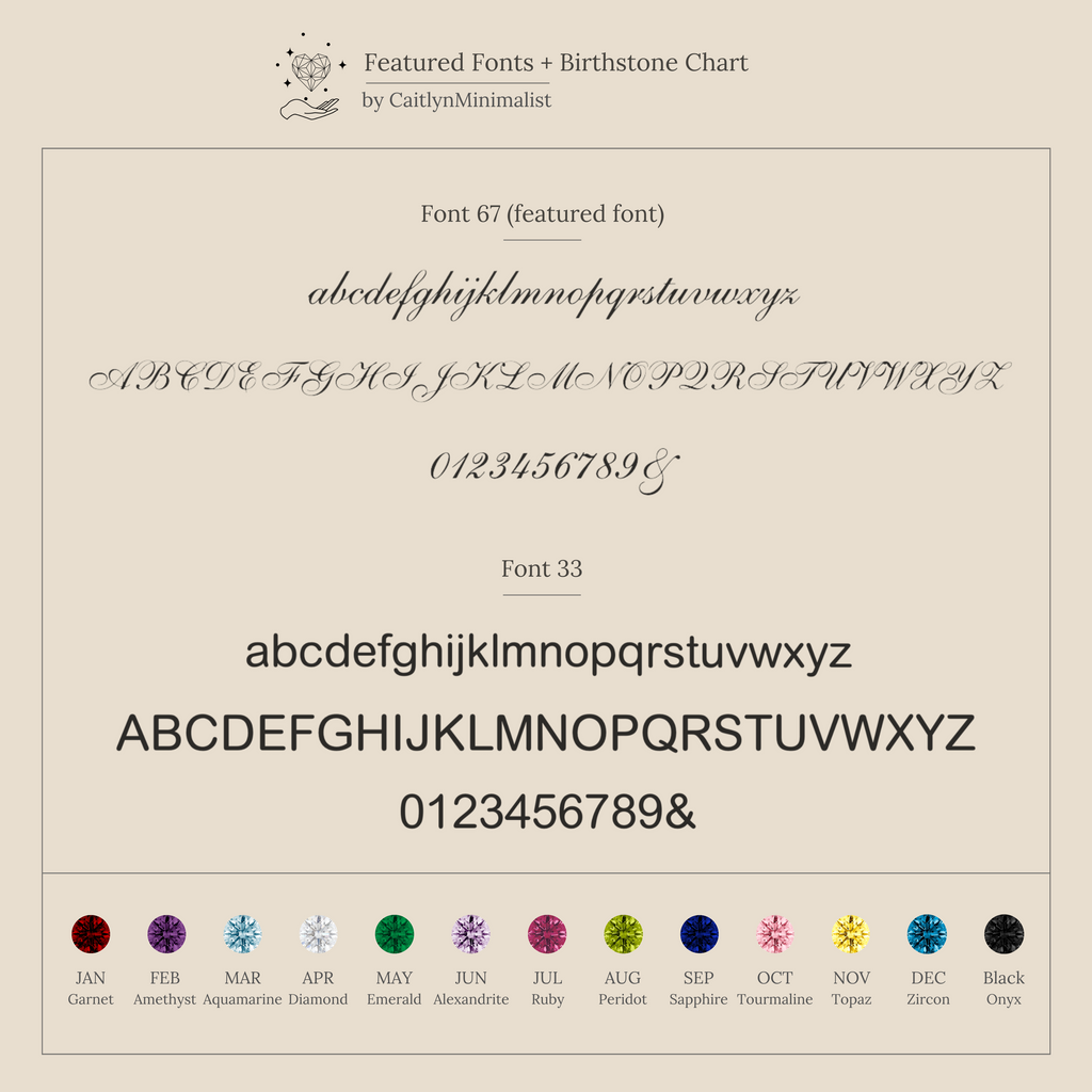 The Initial Birthstone Signet Ring font and birthstone chart features sleek cursive and sans-serif fonts with colorful birthstones—ideal for designing your personalized ring or a unique custom gift.