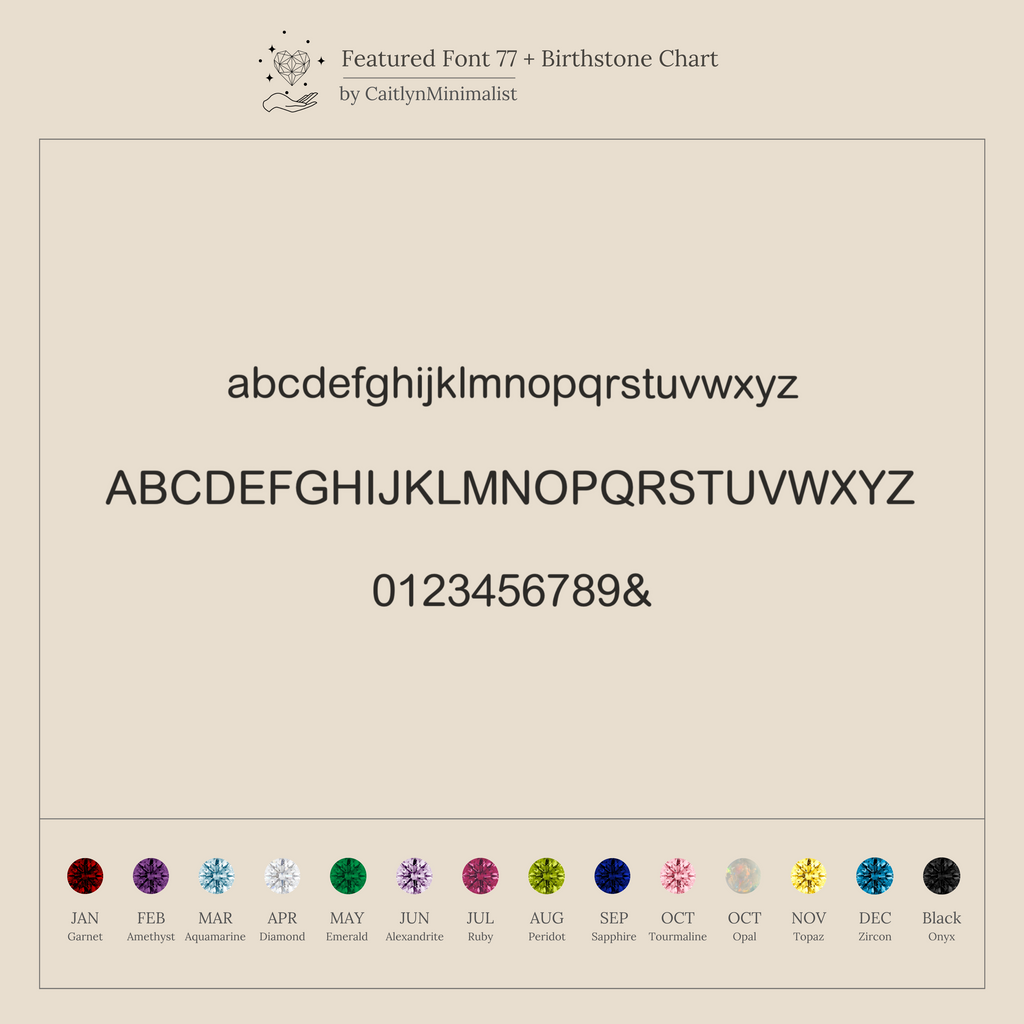 A minimalist font chart showing uppercase, lowercase, numbers, and monthly birthstone colors—perfect inspiration for creating your own Birthstone Initial Necklace in Box Chain or other personalized necklace design.