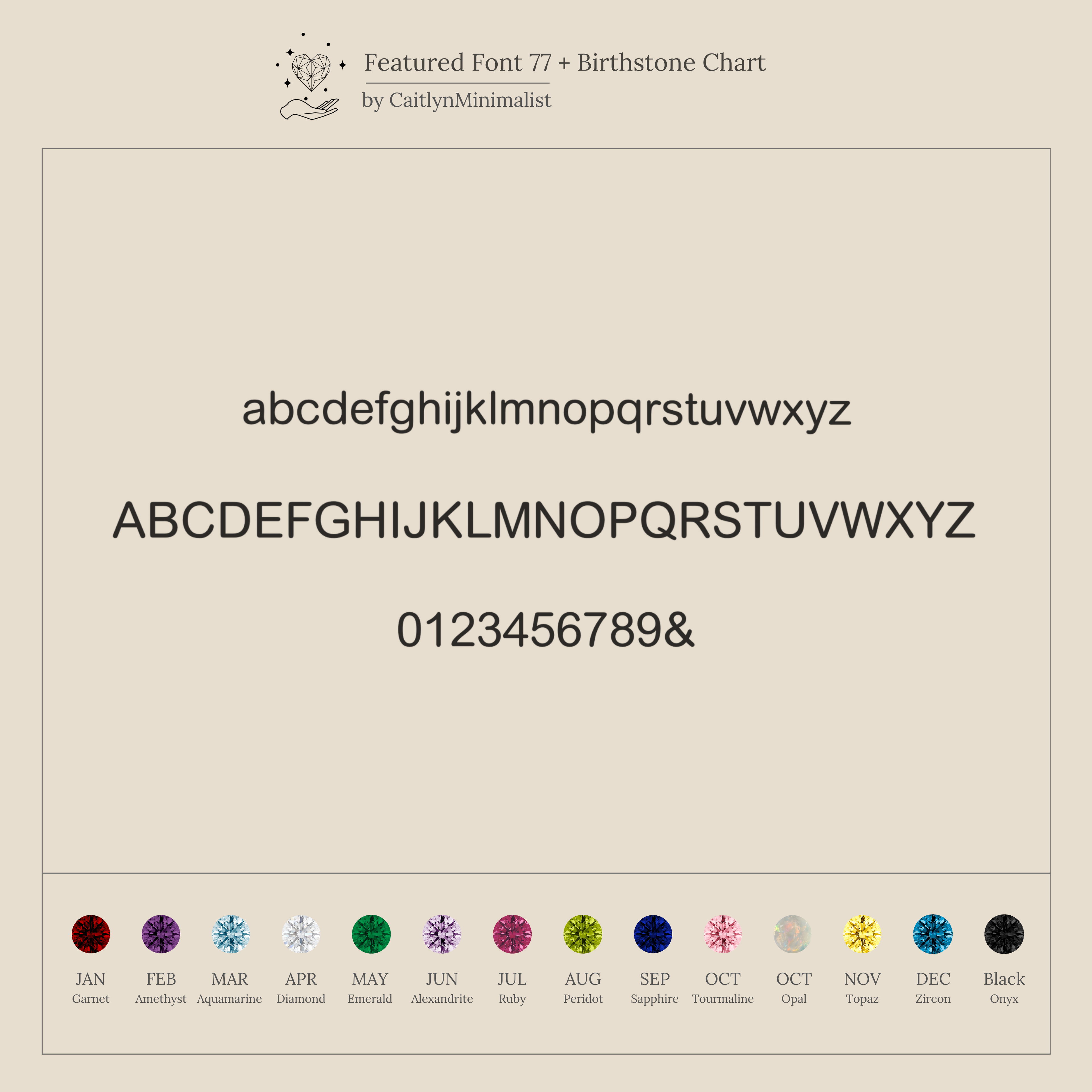 A minimalist font chart showing uppercase, lowercase, numbers, and monthly birthstone colors—perfect inspiration for creating your own Birthstone Initial Necklace in Box Chain or other personalized necklace design.