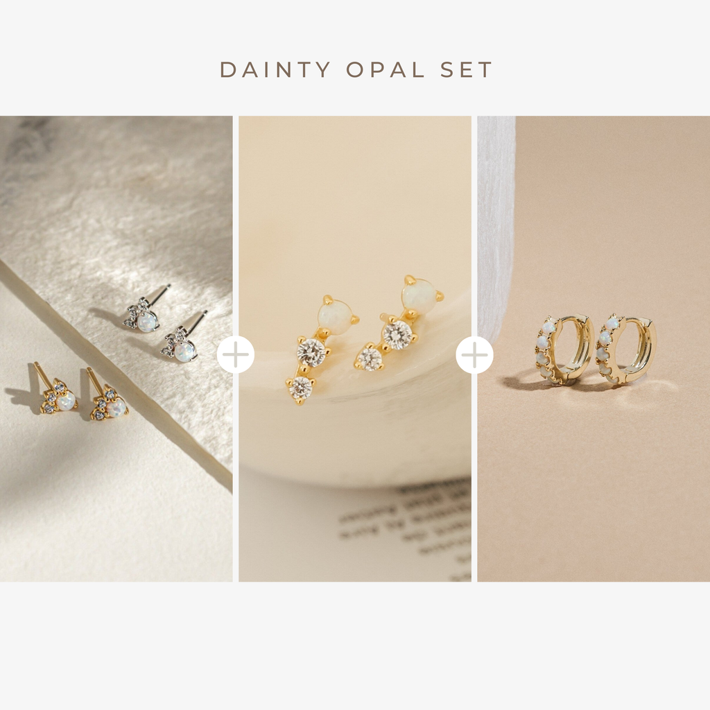 A charming collage displays the Dainty Opal Earrings Set paired with other delicate earrings for an elegant look.