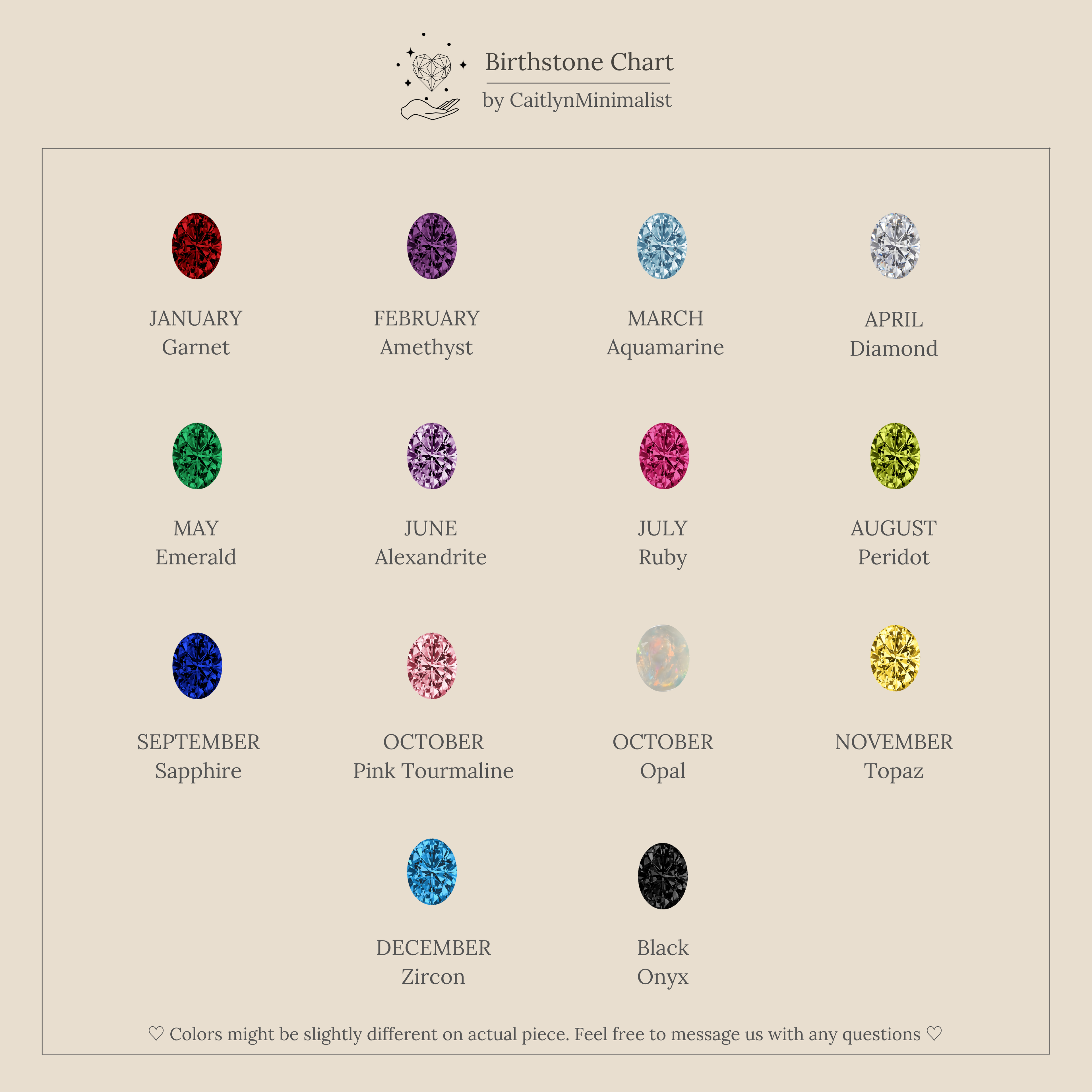 A birthstone chart featuring monthly gems, including black onyx, is an ideal guide for selecting a CZ stone or choosing the perfect gem for your Diamond Birthstone Tennis Bracelet.