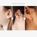 Three close-up shots of gold Safety Pin Earrings worn on ears, labeled “Safety Pin Earrings Set”—ideal for anyone who loves minimalist yet statement jewelry.