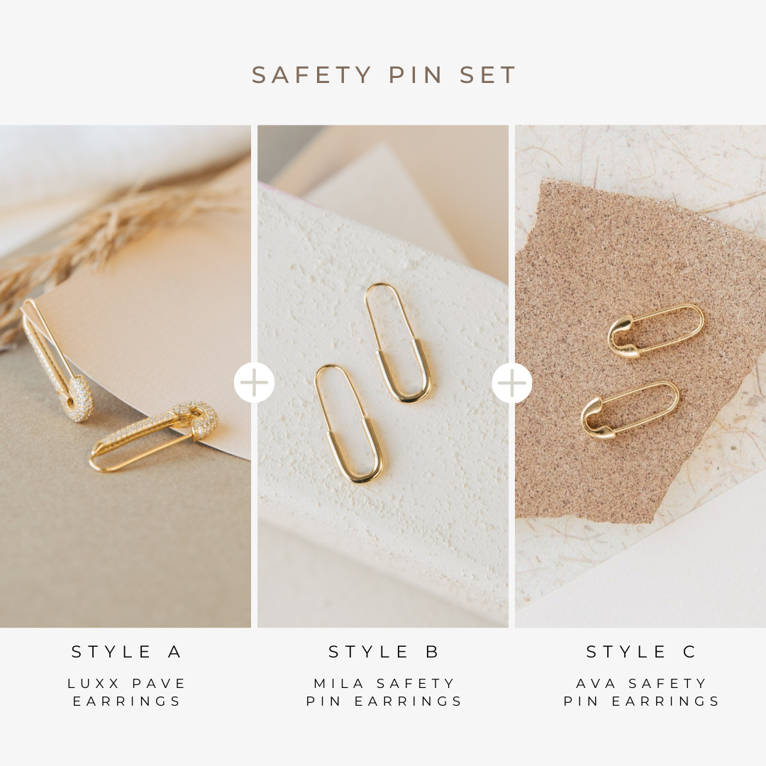 The Safety Pin Earrings Set combines minimalist design with a bold, statement earring twist for a unique collage-inspired look.
