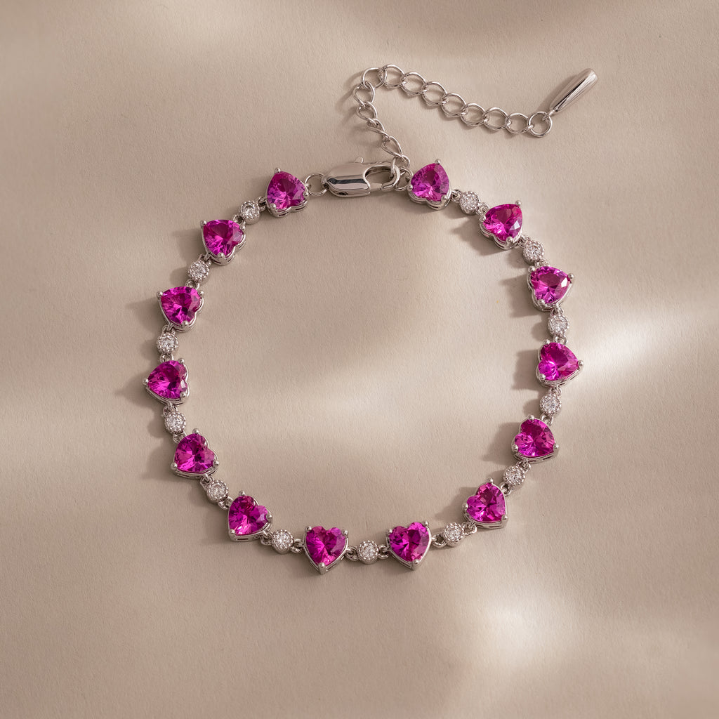 Pink Tourmaline Heart Tennis Bracelet in Silver