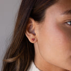 Close-up of a womans ear wearing a small Butterfly Amethyst Flatback Stud earring.