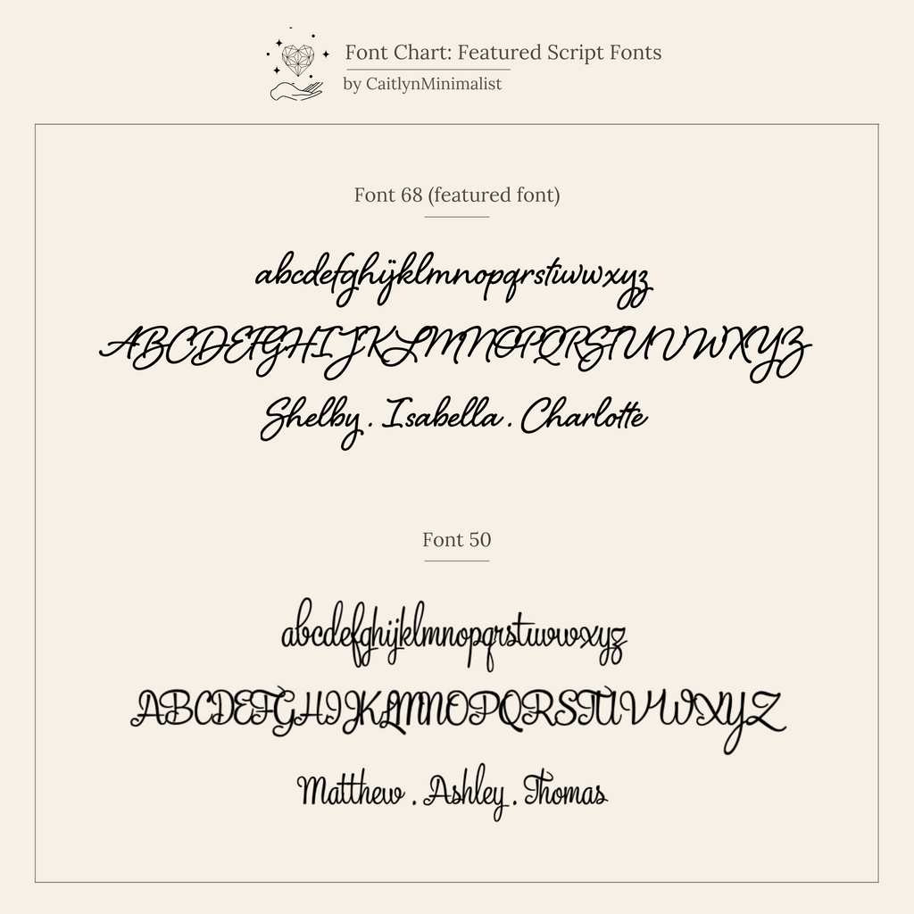 Font chart showcasing two elegant script fonts ideal for designing your Grace Script Name Ring. Both uppercase and lowercase letters are displayed, along with sample names, to inspire your personalized name ring creation.