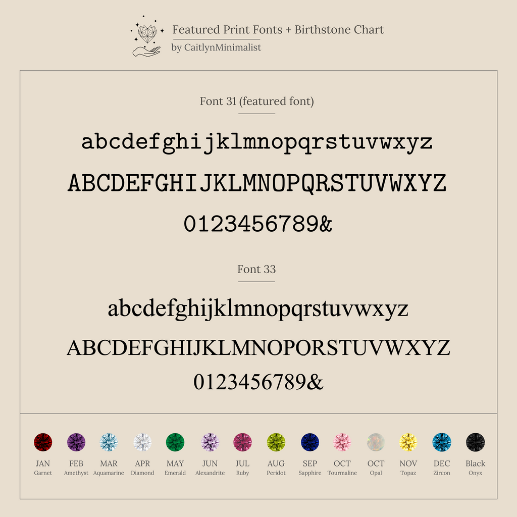 Chart featuring two serif fonts with alphabets and numbers, plus a vibrant birthstone chart for each month—ideal for creating your own Engraved Birthstone Eternity Ring.