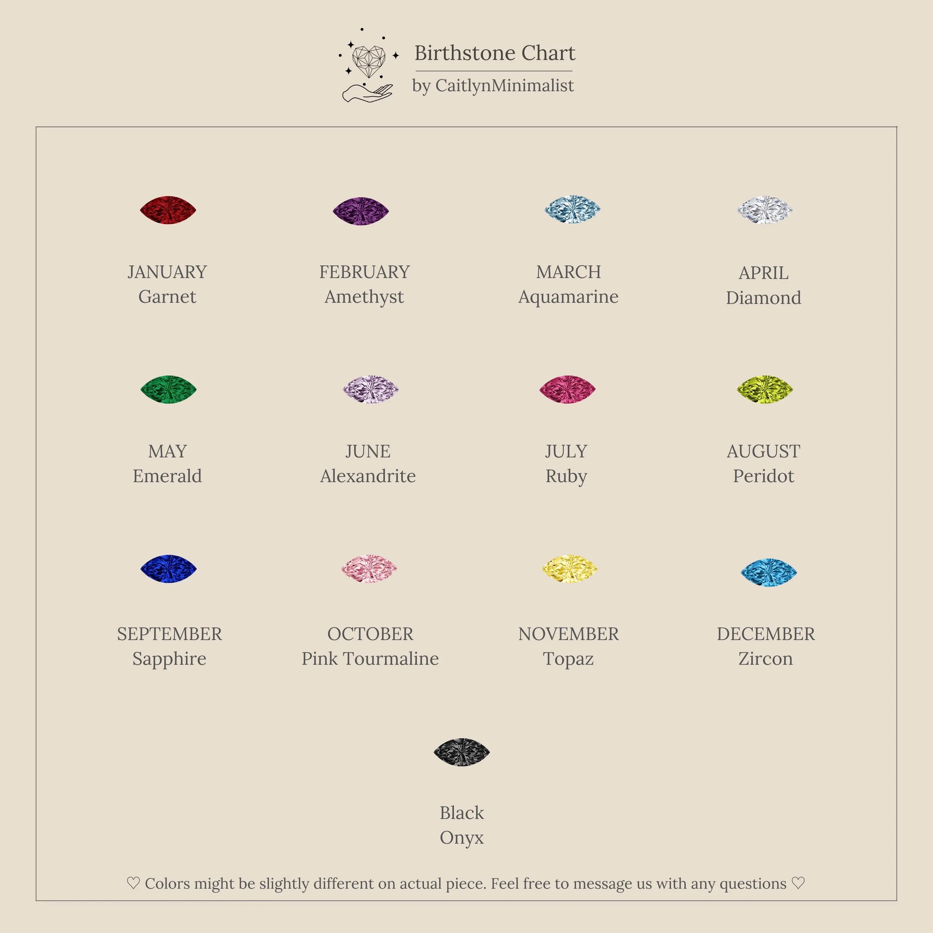 Minimalist chart displays marquise-cut birthstones, including black onyx for each month, on a beige background—ideal inspiration to design or customize your own Marquise Birthstone Signet Ring.