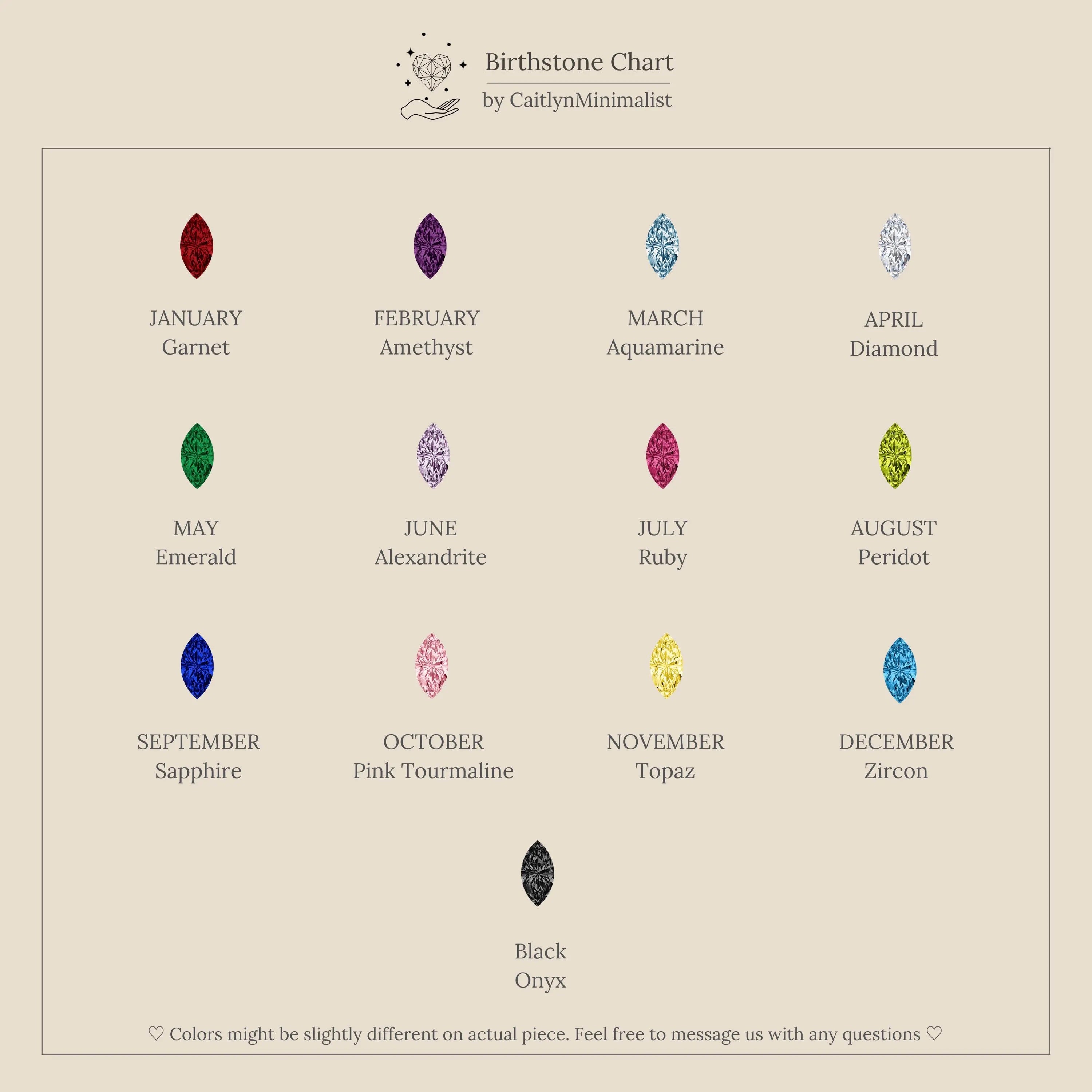This birthstone chart displays each month's gemstone plus black onyx on a beige background—ideal for selecting stones for the Marquise Infinity Birthstone Ring or any personalized ring with an elegant infinity design.