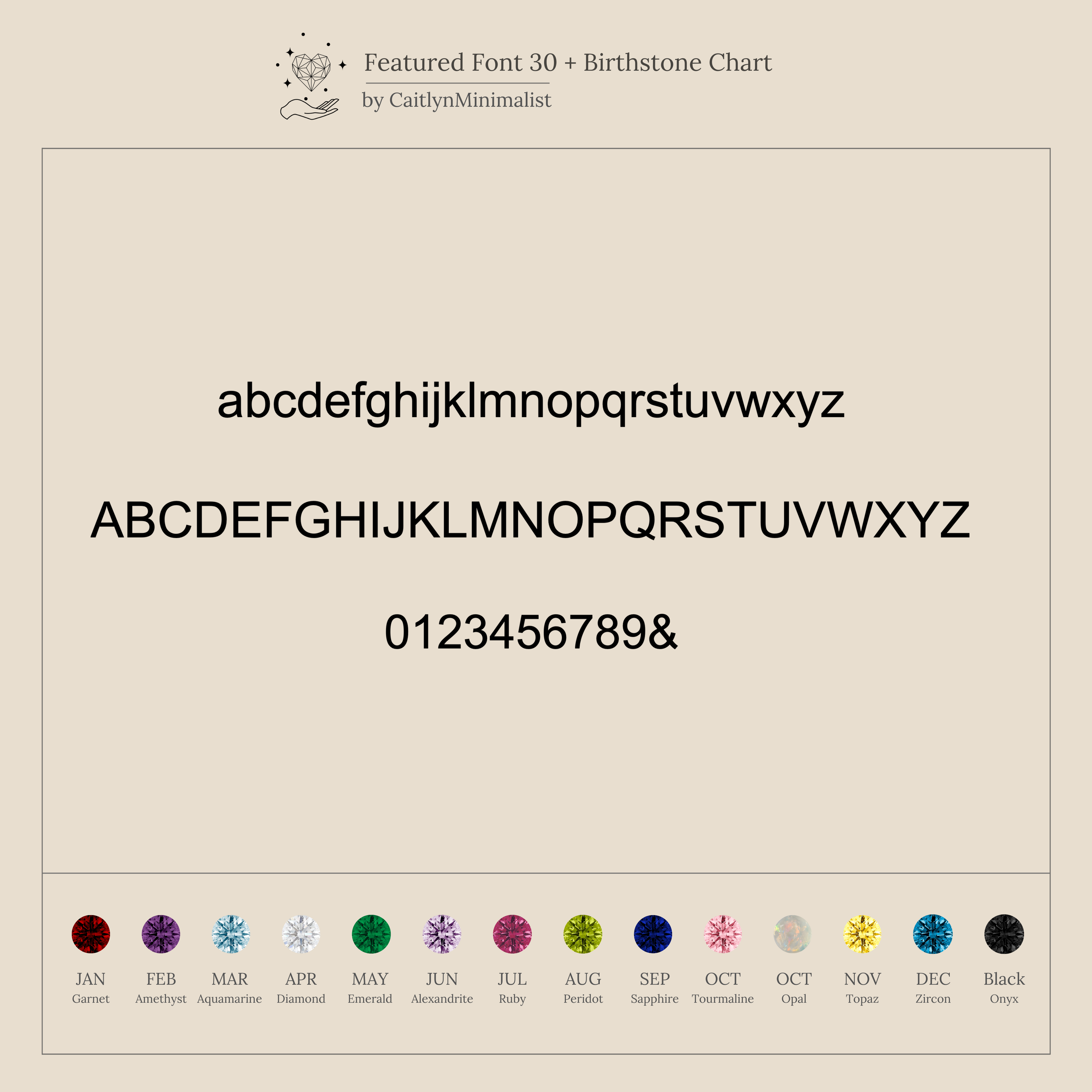 Sample text in three fonts is shown above labeled gemstones by birth month—perfect inspiration for creating your personalized Alex Initial Birthstone Ring in Rose Gold or a unique wrap ring.