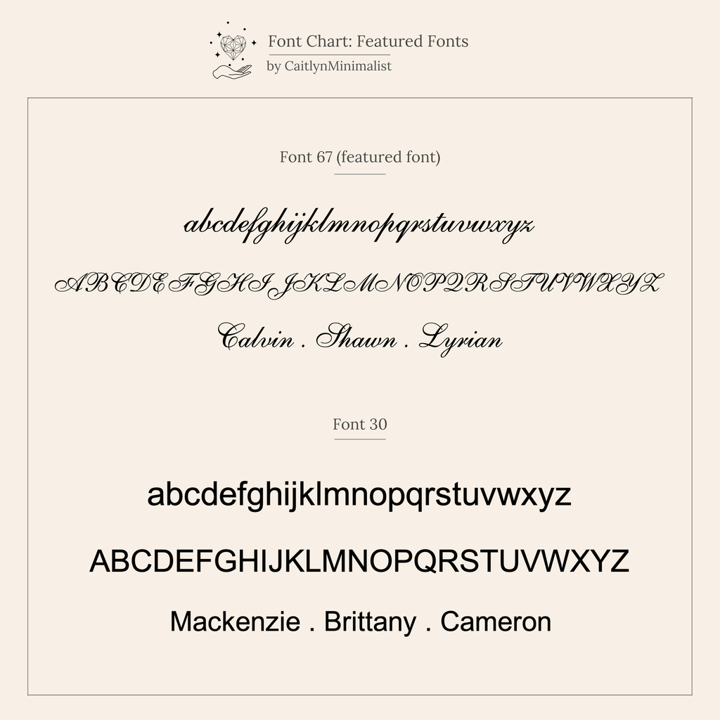 A stylish chart on a beige background displays cursive and sans serif alphabets with sample names, perfect for selecting the script to personalize your Ribbed Name Signet Ring in Silver.