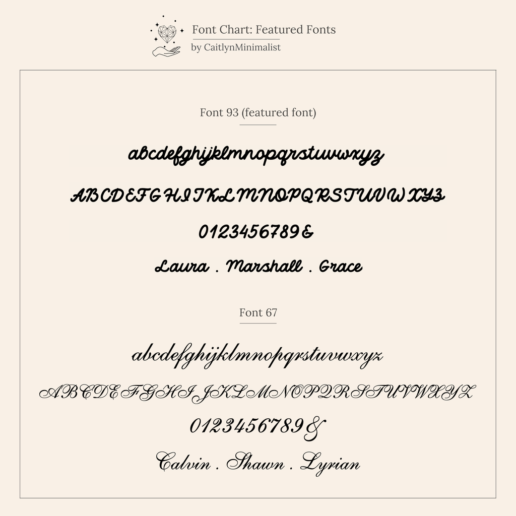 Font chart displaying two cursive fonts with lowercase, uppercase, numbers, and sample names—ideal for selecting a style for your Ribbed Name Ring or any personalized engraved ring.
