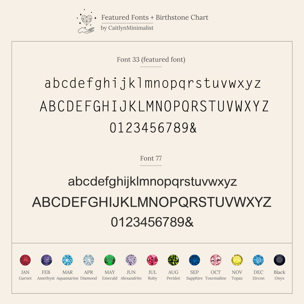 Font samples and birthstone illustrations, with custom letters for each month, on a beige background—ideal inspiration for creating your personalized Duo Initial Birthstone Tennis Ring.