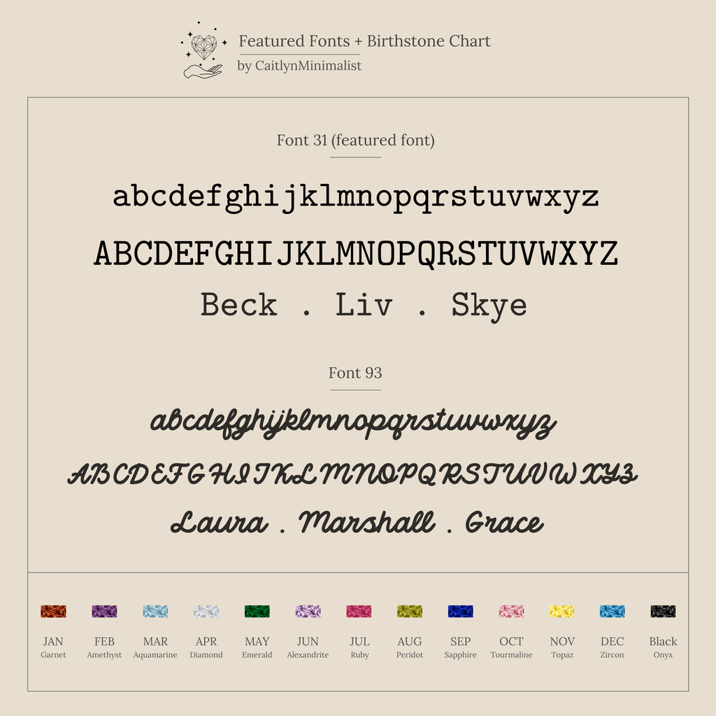 Font samples featuring uppercase, lowercase, and names plus a display of monthly gemstone birthstones—ideal for designing your personalized Toi et Moi Baguette Name Ring.