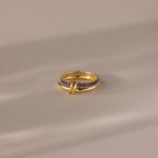 The Duo Birthstone Tennis Linked Ring Set in Amethyst (February) features minimalist gold loops and small purple stones, displayed on a smooth beige surface.